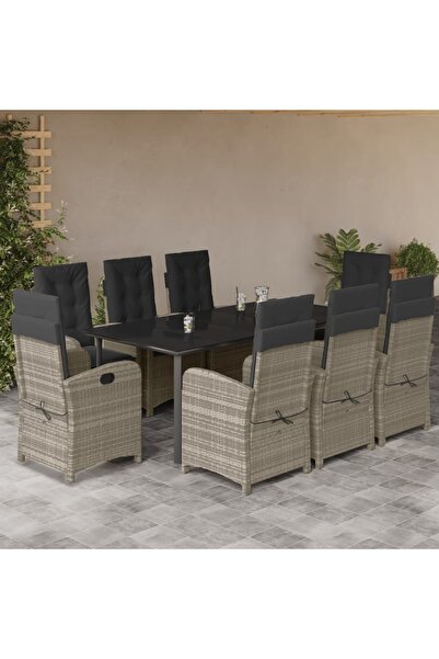 vidaxl Garden furniture set with cushions, 9 pieces, light grey, polyrattan