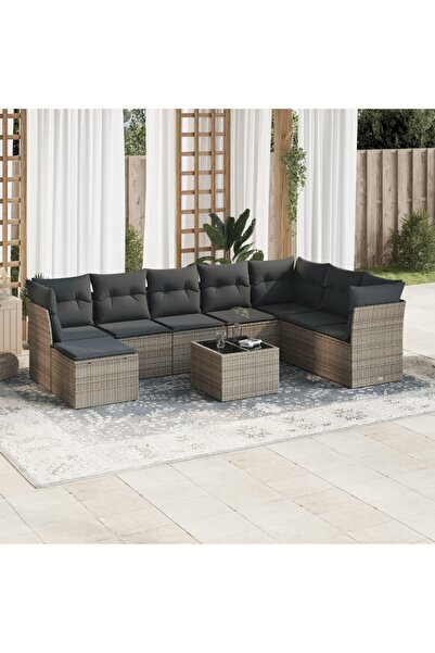 vidaxl Garden sofa set, 9 pieces, with cushions, grey, polyrattan