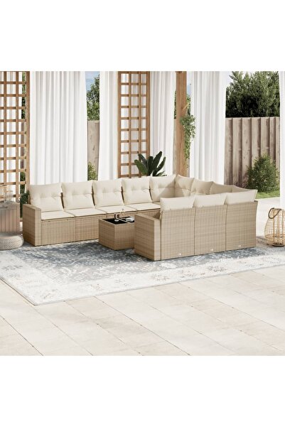 vidaxl Garden sofa set with cushions, 11 pieces, beige, polyrattan