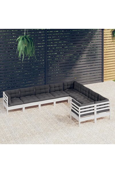 vidaxl Set mobilier de gradina cu perne, 9 piese, alb, lemn de pin