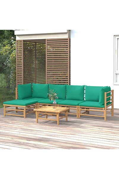 vidaxl Set mobilier de gradina cu perne verzi, 6 piese, bambus