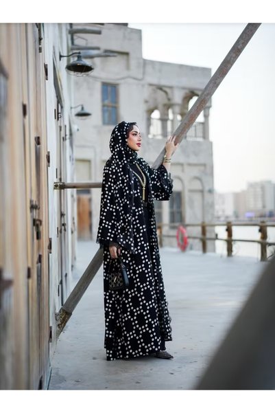 Noon Noora Abaya sets-Polka Dot Lace Patchwork Abaya with Headscarf