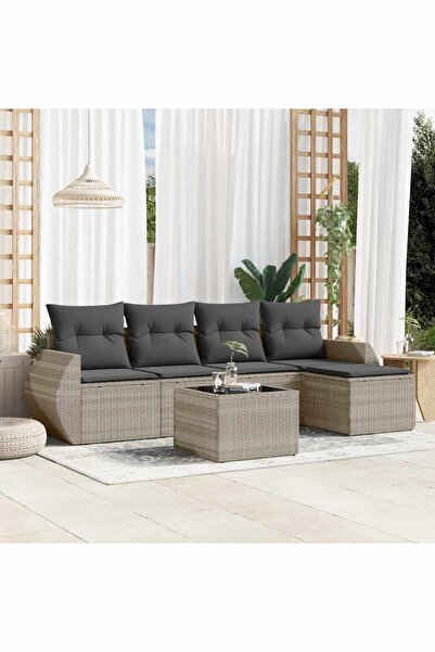 vidaxl Garden sofa set with cushions, 6 pieces, light grey, polyrattan