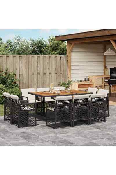 vidaxl Outdoor furniture set with cushions, 11 pieces, black, polyrattan
