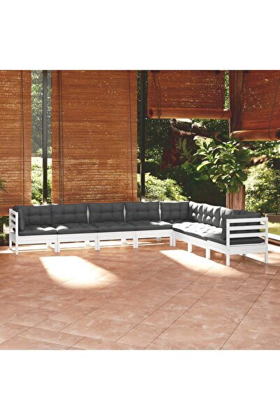 vidaxl Set mobilier de gradina cu perne, 8 piese, alb, lemn masiv pin