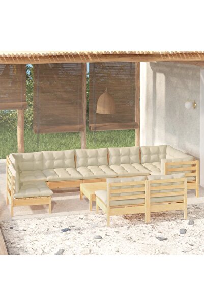 vidaxl Set mobilier gradina cu perne crem, 10 piese, lemn masiv de pin