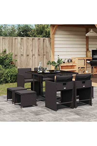 vidaxl Set mobilier de gradina cu perne, 9 piese, negru, poliratan