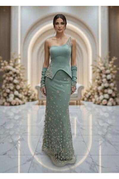 Generic One-shoulder evening dress with geometric peplum design