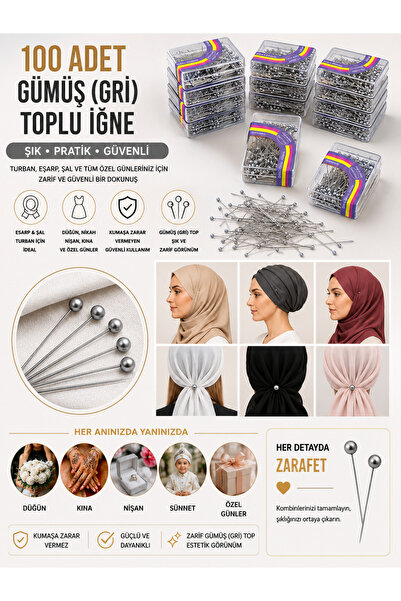 Organizasyon Pazarı 100’lü Gri ( Gümüş )Toplu İğne Türban, Eşarp, Şal, Düğün,...