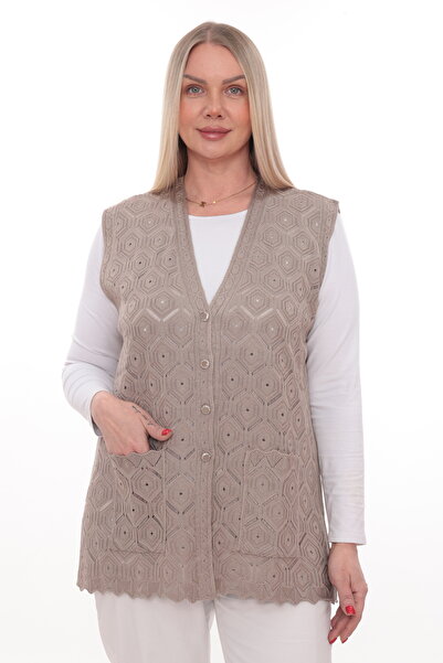 İKSUN Women's Mercerized Pocketed Buttoned Rolax Knitwear Seasonal Mother's Vest