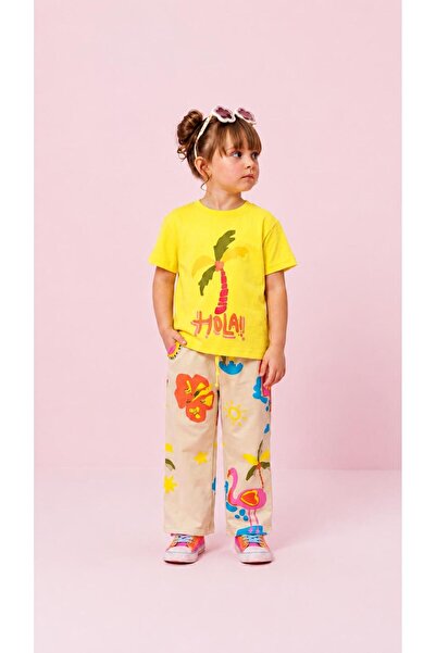 elzo collection Girl's Yellow Palm Tree and Flamingo Printed Top and Bottom Set