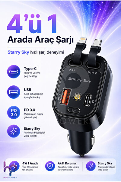 HOT POWER 4’ü 1 Arada Makaralı Type-C Lightning Araç Şarj Cihazı Starry Sky