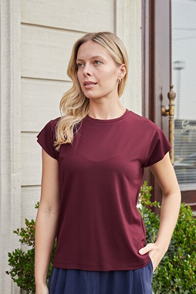 Jument Women's Silky Fabric Wide Zero Neck Short Sleeve Tshirt Blouse-Burgundy