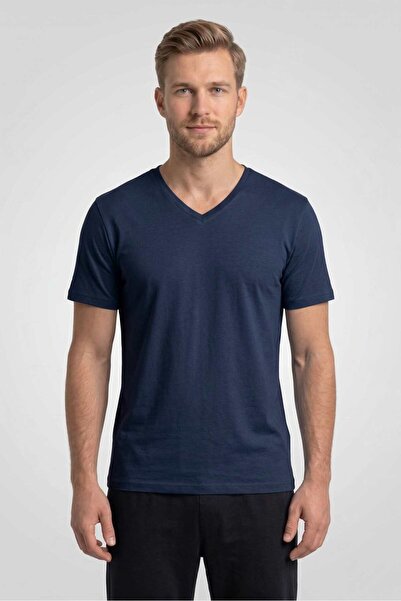 OBJE Men's Navy Blue Bambo V-Neck Half Sleeve T-Shirt
