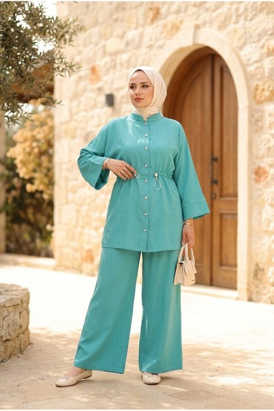 PALME D'OR Women's Waist Gathered Stone Buttoned Hijab Double Set