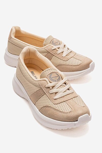 CCWAY AYAKKABI Women's Double-Faced Studded Sneakers Beige Beige Suede