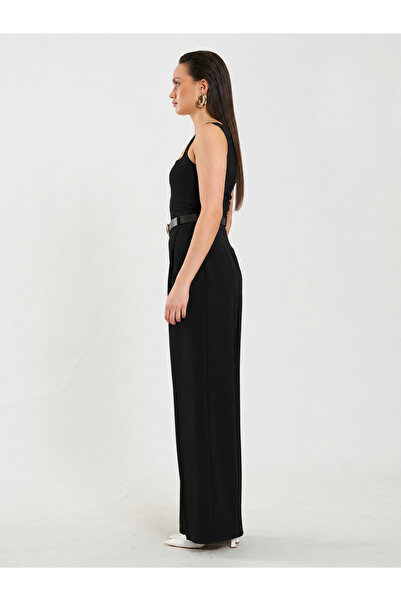 Lefon Women's Black Belted Wide Leg Palazzo Trousers