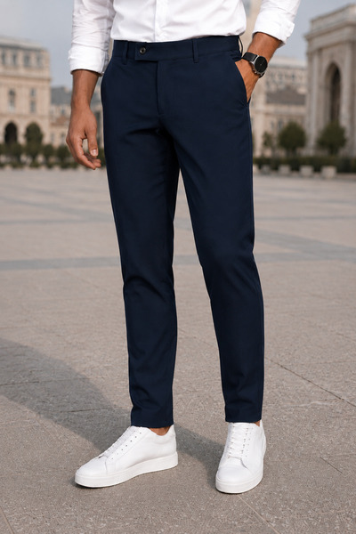 MODAMESTO Men's Navy Blue Slim Fit Lycra Side Pocket Ankle Length Plain Fabri...