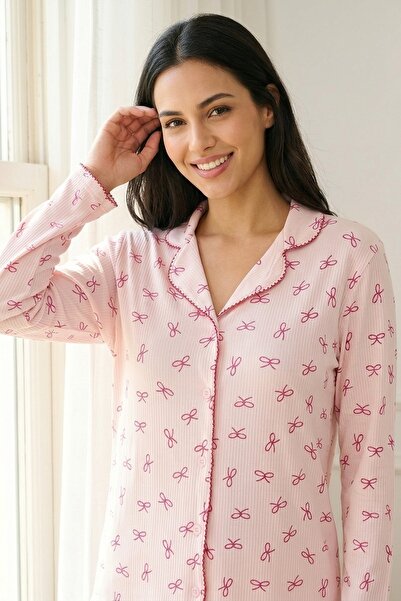 MATAŞ Kadın Pembe Çiçek Desenli Bambu Viskon Uzun Kollu Soft Örme Pijama Takımı