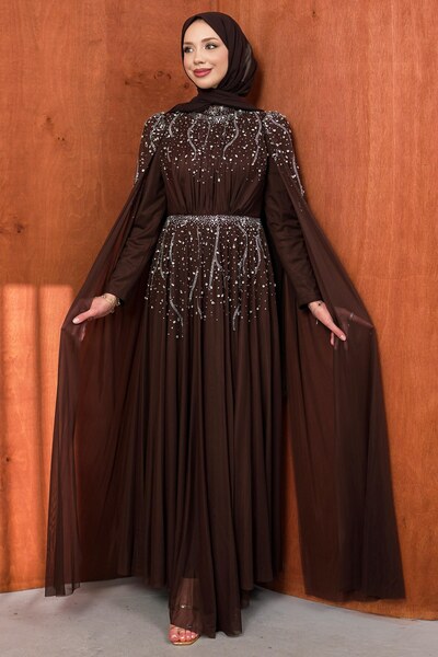 İmajButik Brown Shoulder Cape and Stone Embellished Evening Dress