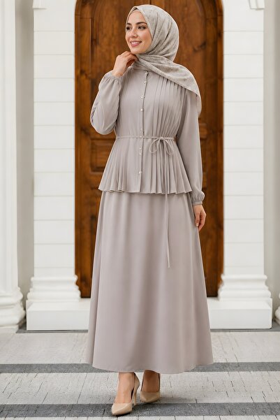 İmajButik Μπεζ Σετ Φούστας με Γιακά Δικαστικού Τύπου, Ριμπέ, Μοντάλ Υφαντό