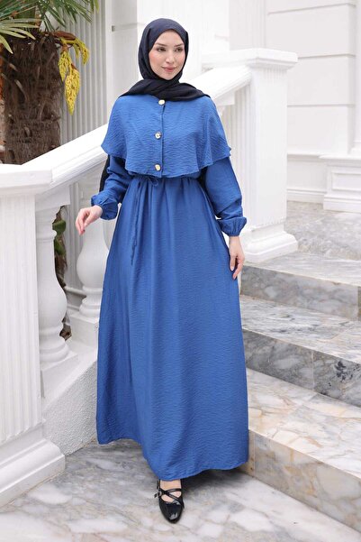 İmajButik Rochie Saks albastră cu mâneci elastice și pelerină