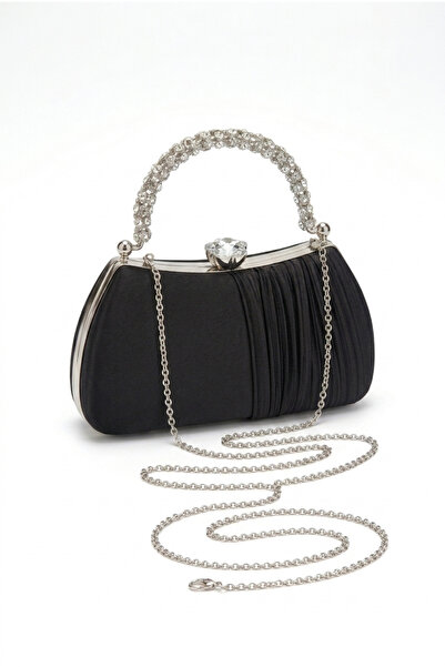 Famels Black Satin Evening Dress Bag with Pearl Clay Stones and Handle, Stone...