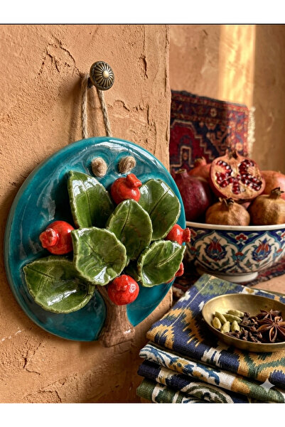 Ahşap Evi El Yapımı Seramik Nar Ağacı Bereket Duvar Süsü 15 Cm-Dekoratif Şans...