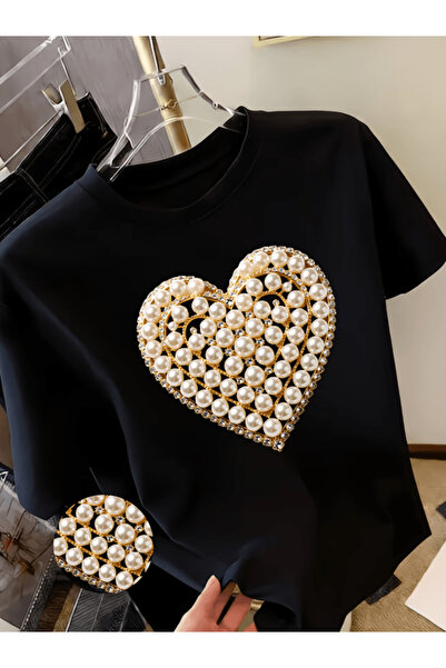 one button Tricou supradimensionat premium cu imprimeu inimă de perle cu mode...