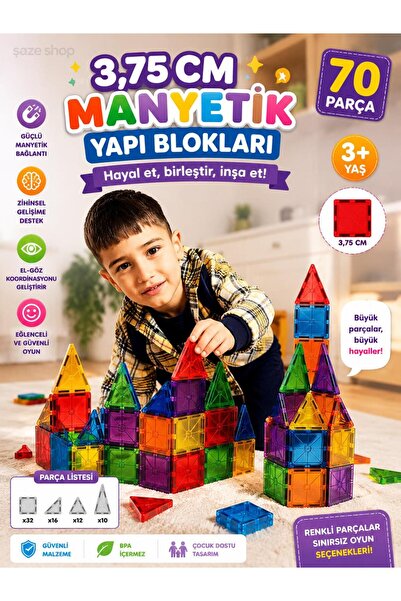 SAZE 70 Parça 3,75 CM Manyetik Yapı Blokları Eğitici Zeka ve İnşa Oyuncak Seti
