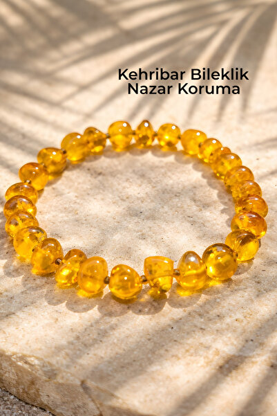 NBS Beautiful Naturel Stones Gerçek Kehribar Bileklik Sarı Renk 18 cm Esnek M...