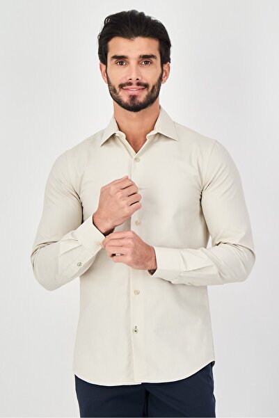 Eddie Bauer Men Slim Fit Solid Long Sleeve Dress Shirt, Beige