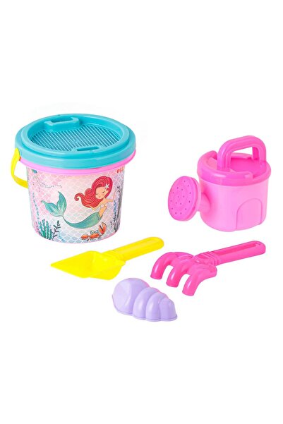 Zumzeria Găleată de plajă roz cu sirenă Ø14x11cm și 4 accesorii