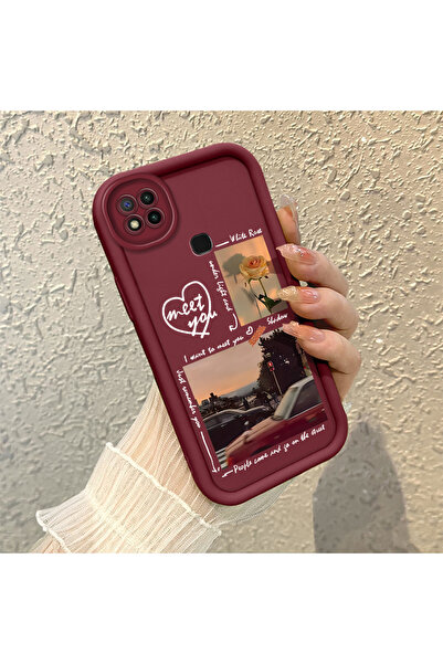 CHICASELUX Redmi 9C/10A Uyumlu Bordo çerçeve vintage fotoğraf kolaj motifli e...