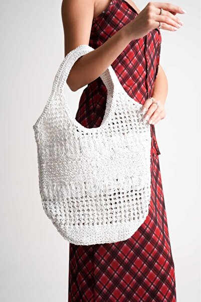 Ramer Lidya Rope Knitted Beach and Daily White Women's Shoulder Bag