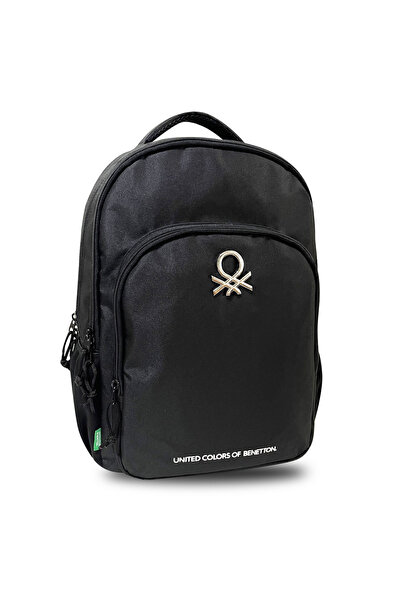 Zumzeria Black Double Backpack with Metallic Logo Element 30x18x44cm - Benetton