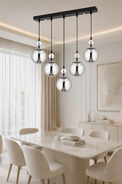 ESSLİGHT Nisan 5’li Sıralı Füme Camlı Modern Salon Mutfak Yatak Odası Avize