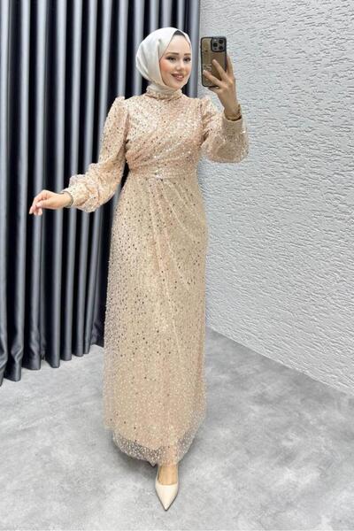 Kalemen Moda Drape İşlemeli Pullu Abiye 8012 Vizon