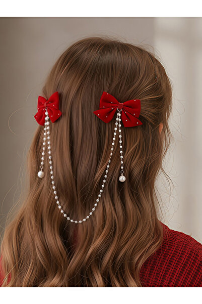 Take Two By Styli Red Bow Hair Clip with Pearl Chain