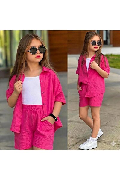 Bambam Set pantaloni scurți din muselină fucsia pentru fete – Combinație conf...