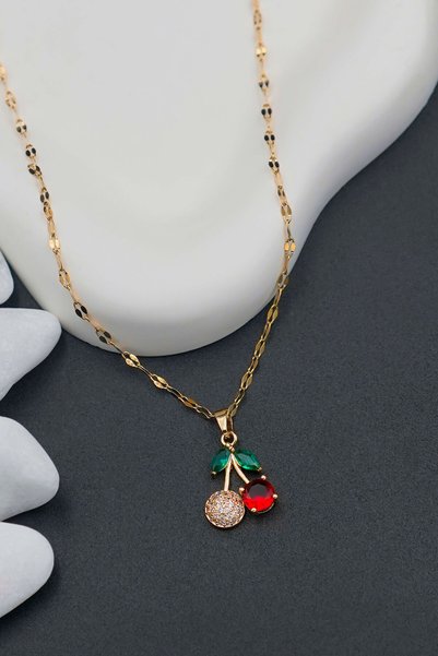 THE Steel Women's Gold Steel Cherry Pendant Necklace with Zircon Stone and Colorful Pendant