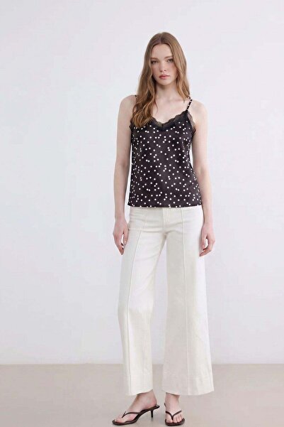 Shopping Shop Polka Dot Patterned Strappy Satin Blouse Brown