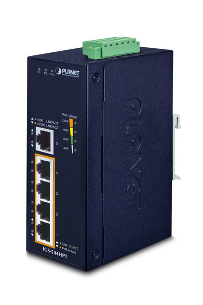 Planet IP30 5-Port Gigabit Switch with 4-Port 802.3AT POE+ (-40 to 75 C)