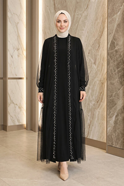FERHEL Kadın İncili Taşlı İkili Abaya Takım -Siyah