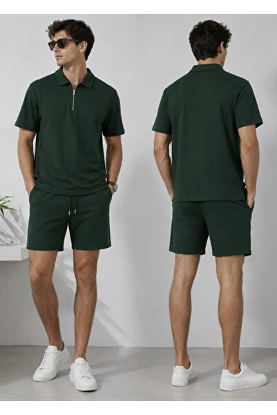 LU DUE Casual Stylish Summer Vortex Fabric Zippered Polo Collar T-Shirt and S...