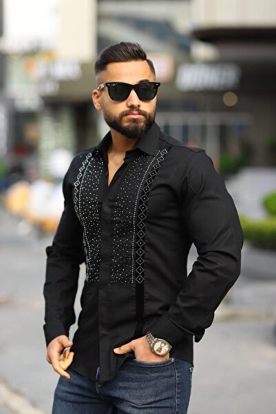 BAYIM Erkek Slim-Fit Dikey Kadife Şeritli ve Kristal Taş İşlemeli Premium Lük...