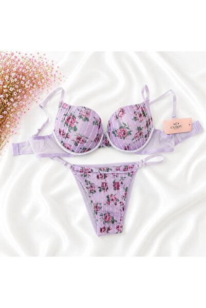 cansoyy lingerie طقم حمالة صدر مطبوعة ومبطنة بالجليتر