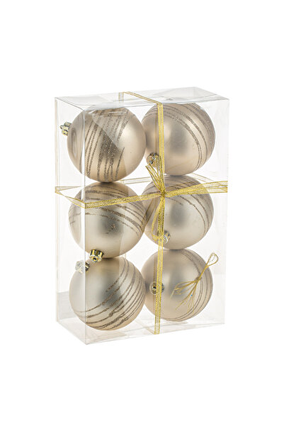 OEM Set of Beige Matte Christmas Ornaments with Glitter Stripes Ø10cm - 6pcs