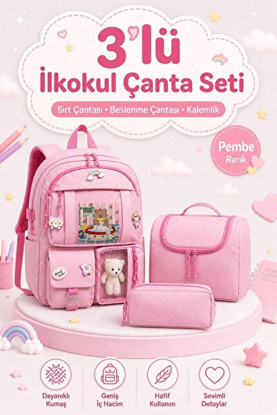 great bags Kore Model Aksesuarlı 3'lü Set Kız Çocuk İlkokul Çantası Termal Beslenme Çantası Ve Kalemlik
