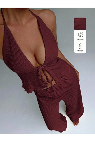 meren like your style Burgundy Low-Cut Front-Tie Vest with Wide-Leg Pants Set